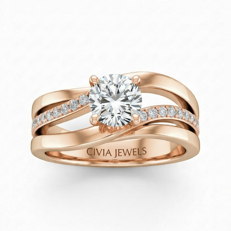 Rose Gold Round Brilliant Engagement Ring With Split Bypass Pavé Diamond Shank