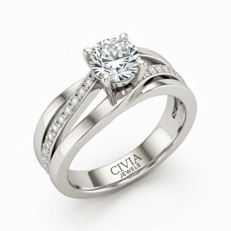 White Gold Round Brilliant Engagement Ring With Split Bypass Pavé Diamond Shank