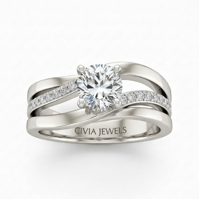 Silver Round Brilliant Engagement Ring With Split Bypass Pavé Diamond Shank