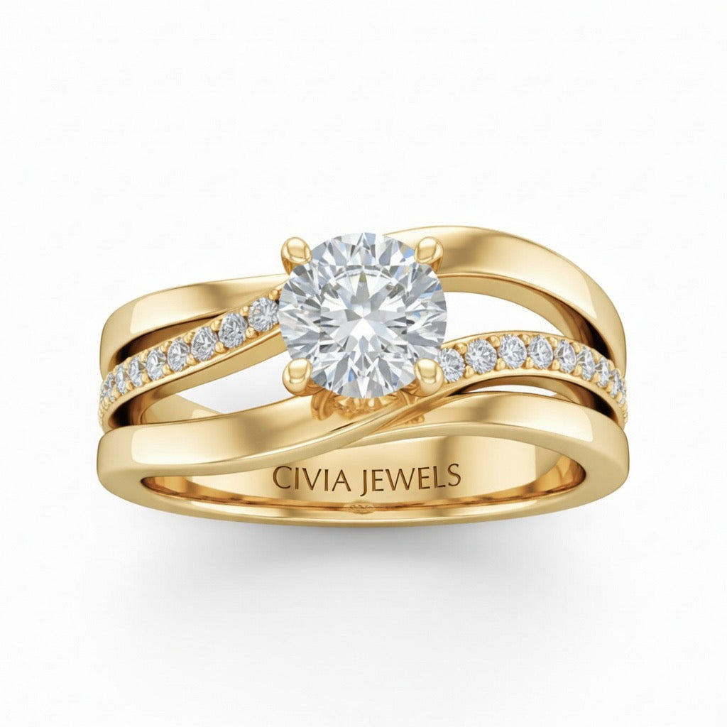 Yellow Gold Round Brilliant Engagement Ring With Split Bypass Pavé Diamond Shank
