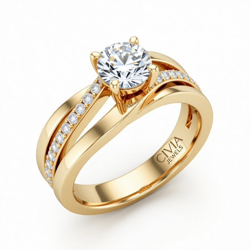 Yellow Gold Round Brilliant Engagement Ring With Split Bypass Pavé Diamond Shank