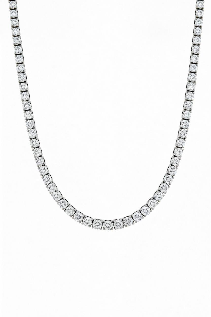 White Gold Round Brilliant Signature Diamond Tennis Necklace With Four-Prong Setting