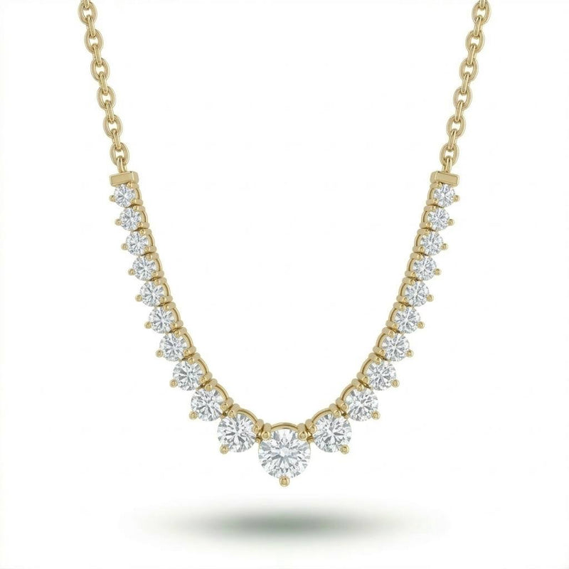 Yellow Gold Round Brilliant Royale Graduated Diamond Necklace With Solitaire Center And Prong Setting