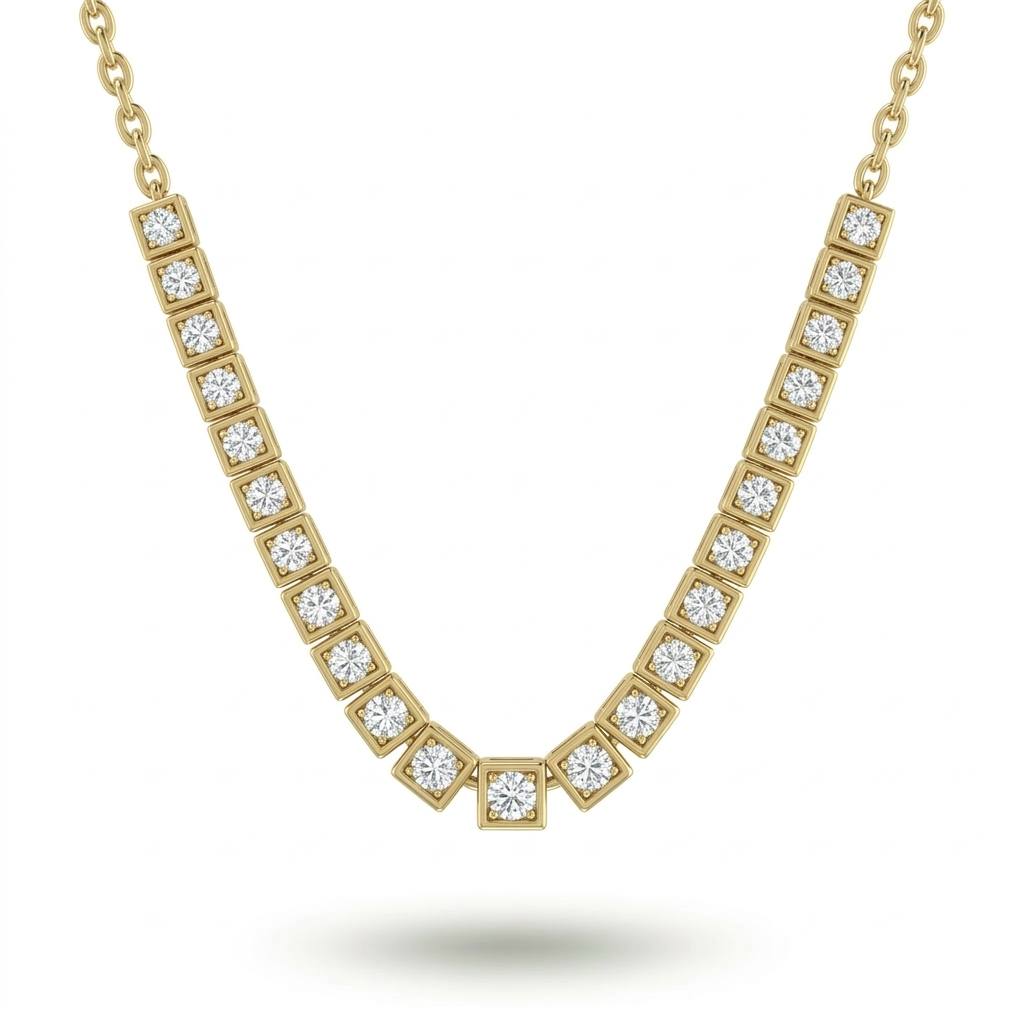 Yellow Gold Round Brilliant Iconic Diamond Tennis Necklace With Square Bezel Setting