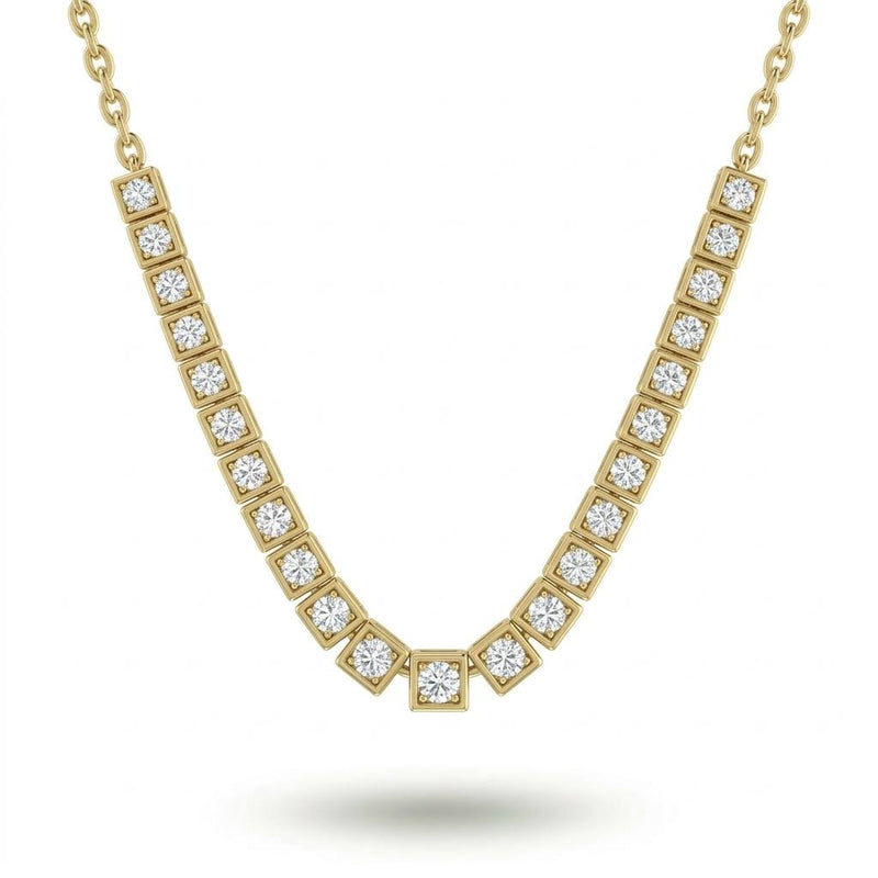 Yellow Gold Round Brilliant Iconic Diamond Tennis Necklace With Square Bezel Setting