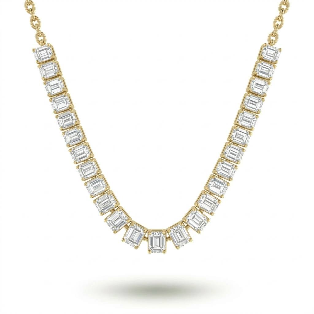 Yellow Gold Emerald Cut Prestige Diamond Tennis Necklace With Rectangular Bezel Setting