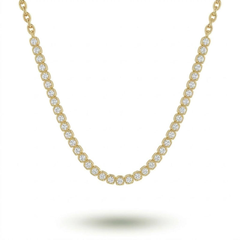 Yellow Gold Round Brilliant Timeless Diamond Tennis Necklace With Cushion Bezel Setting