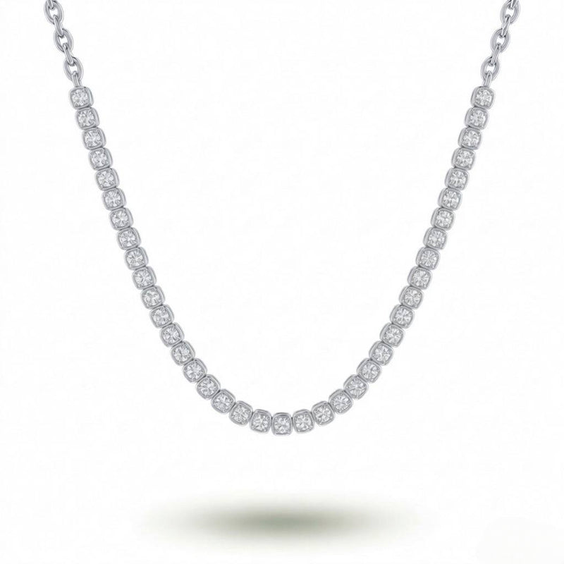 White Gold Round Brilliant Timeless Diamond Tennis Necklace With Cushion Bezel Setting