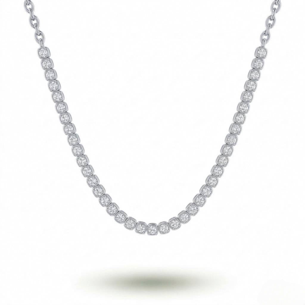 White Gold Round Brilliant Timeless Diamond Tennis Necklace With Cushion Bezel Setting