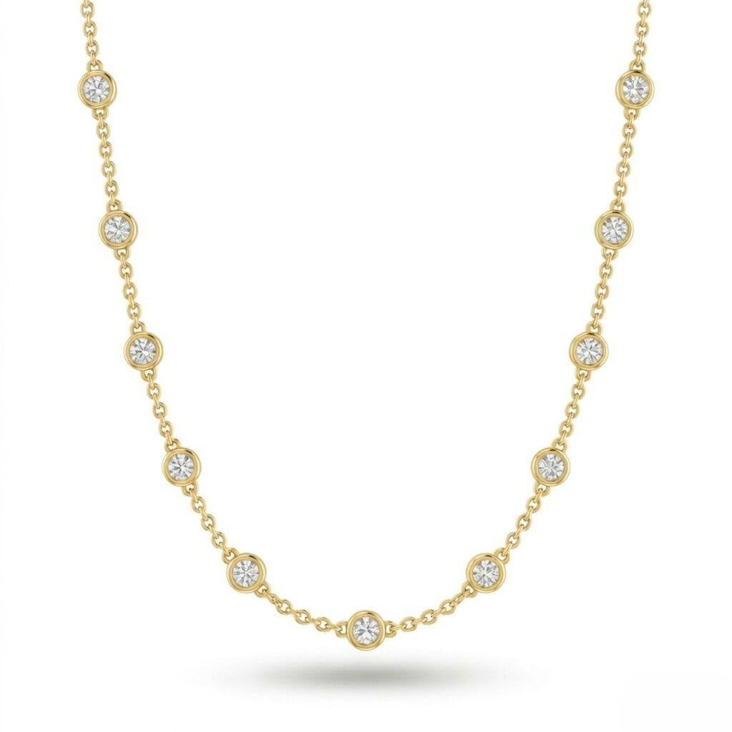 Yellow Gold Round Brilliant Aura Diamond Station Necklace With Bezel Setting