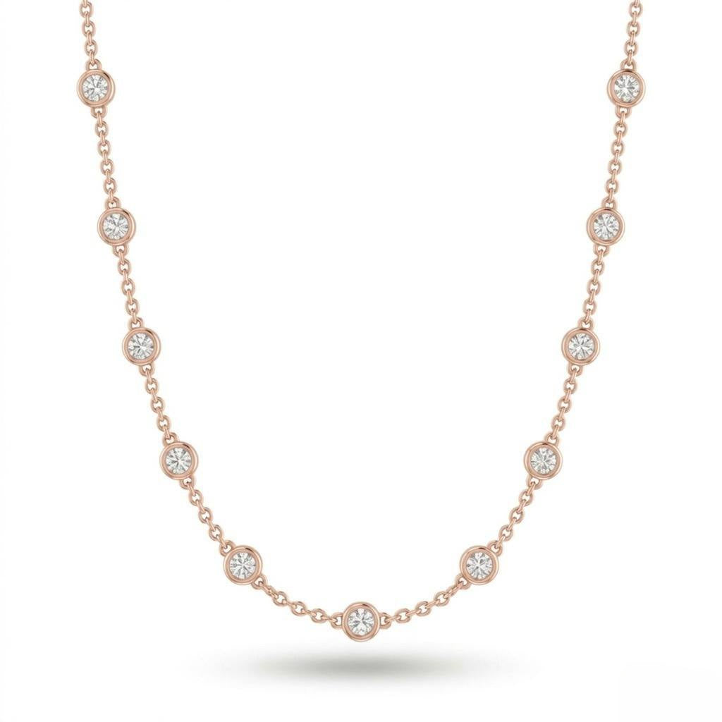 Rose Gold Round Brilliant Aura Diamond Station Necklace With Bezel Setting