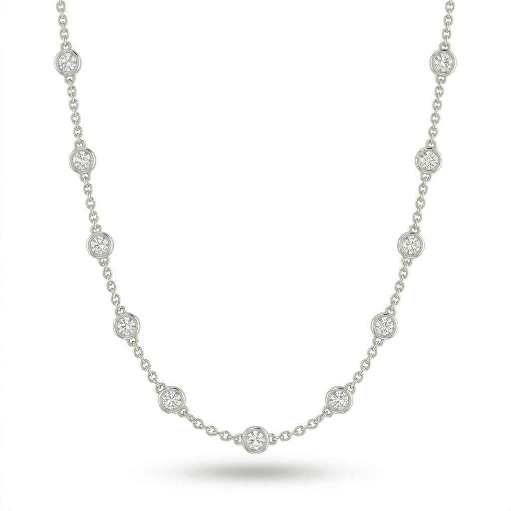 White Gold Round Brilliant Aura Diamond Station Necklace With Bezel Setting