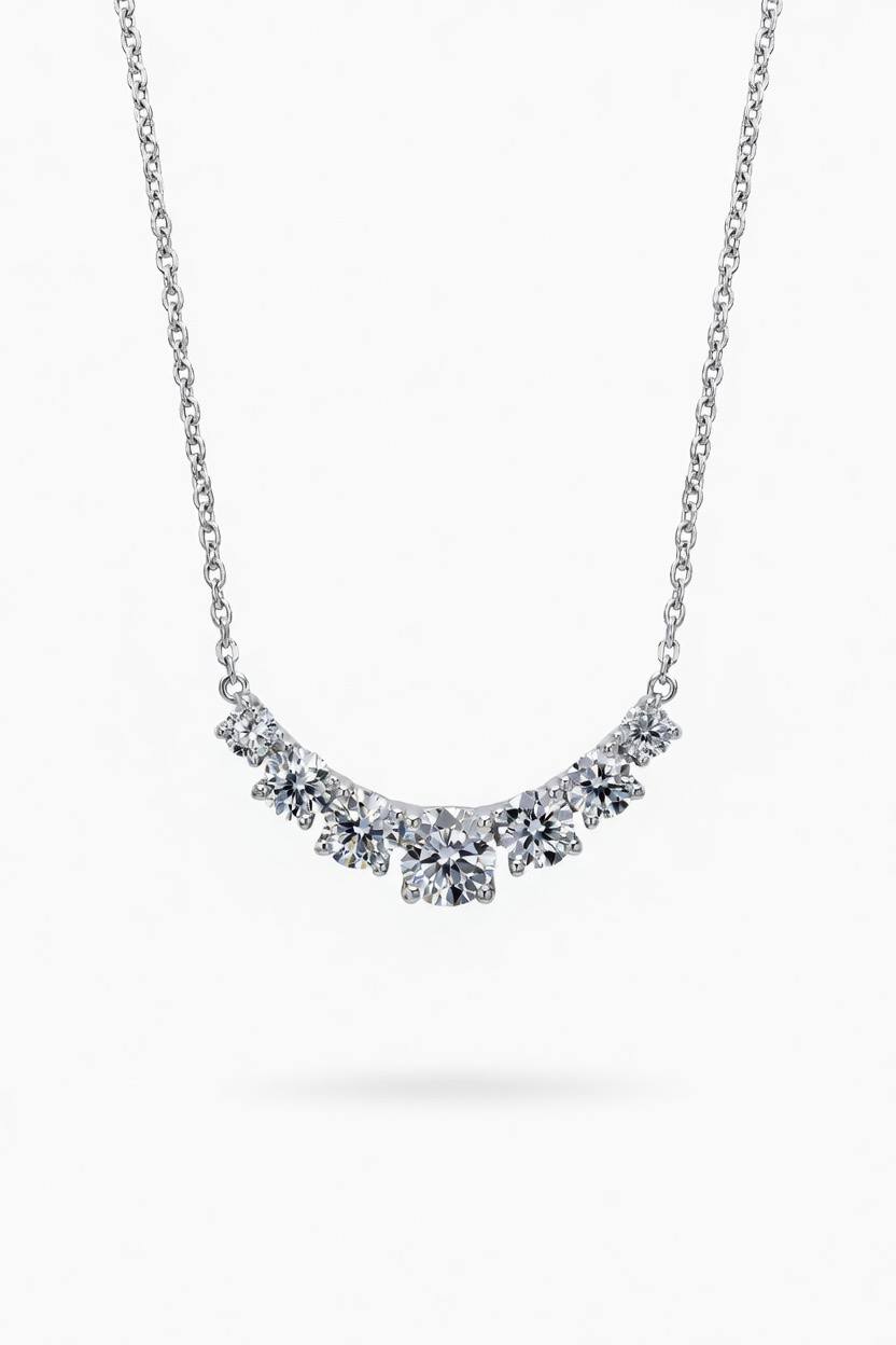 White Gold Round Brilliant Radiant Graduated Diamond Bar Necklace With Prong Setting