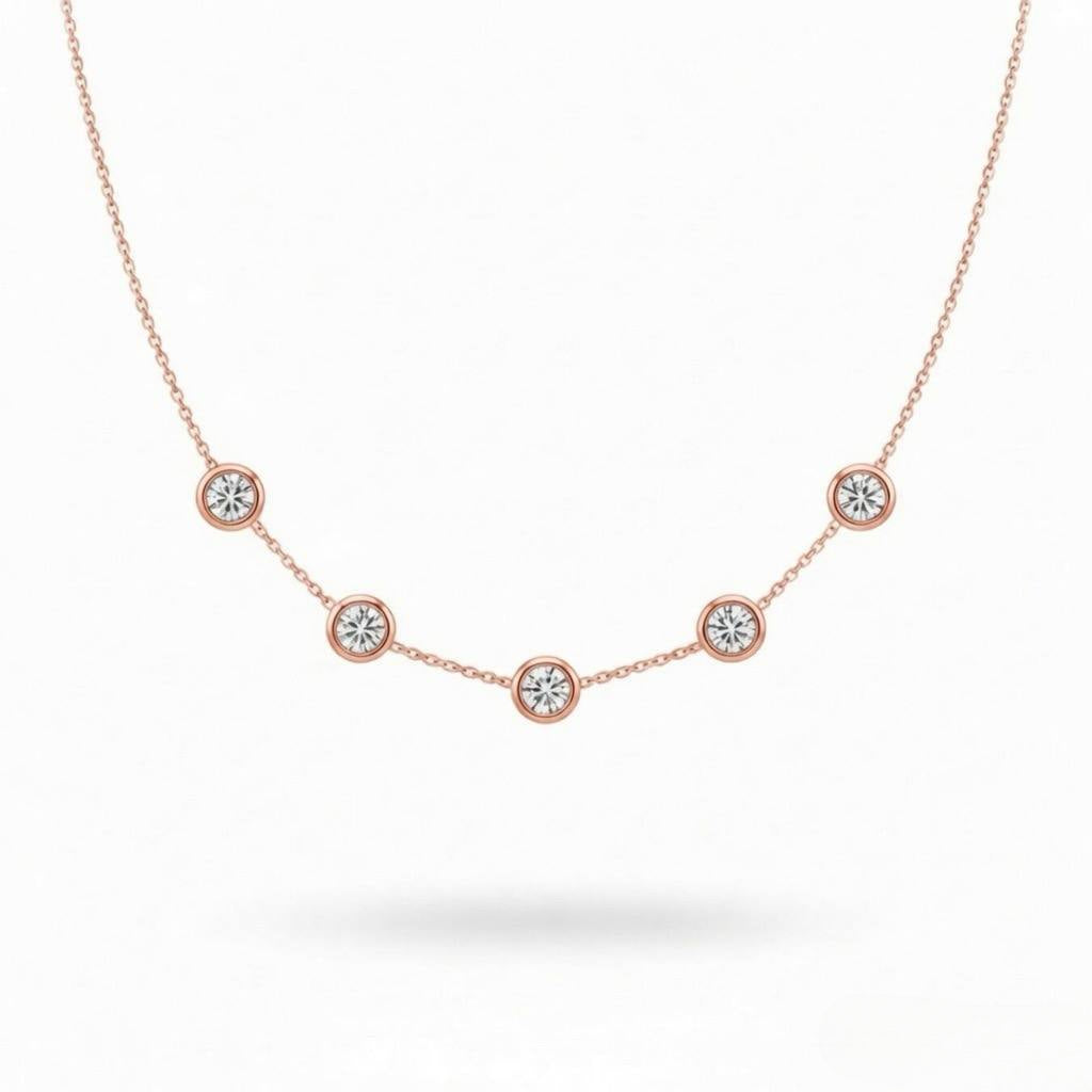 Rose Gold Round Brilliant Celeste Diamond Station Necklace With Bezel Setting