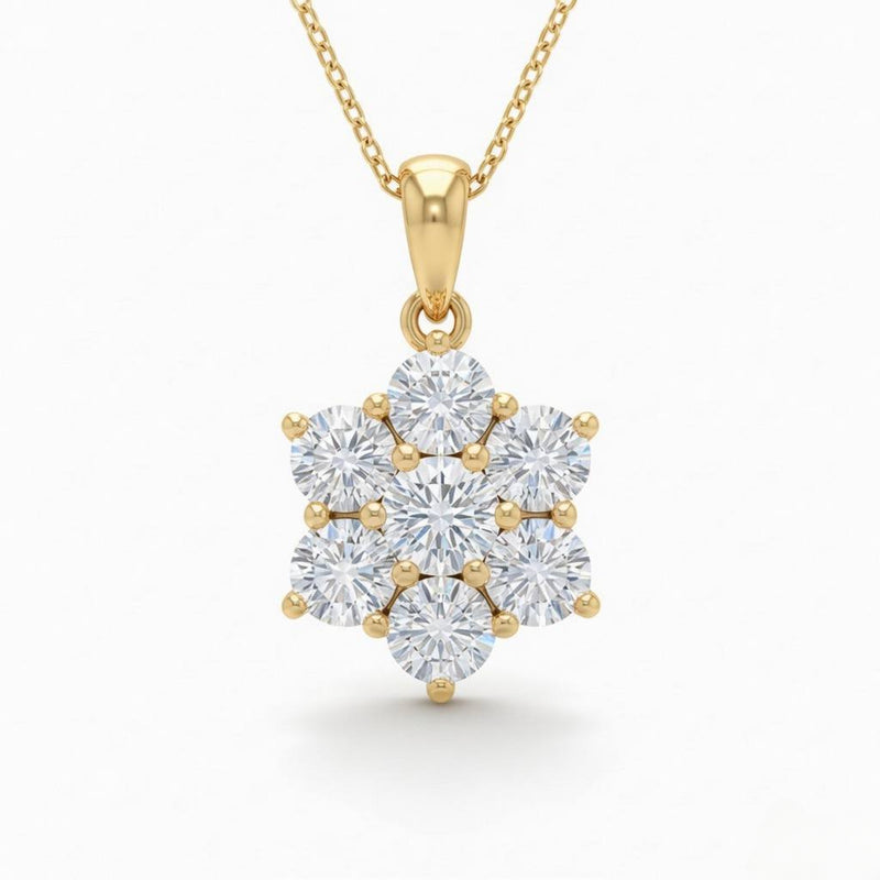 Yellow Gold Round Brilliant Nova Diamond Cluster Pendant Necklace With Prong Setting