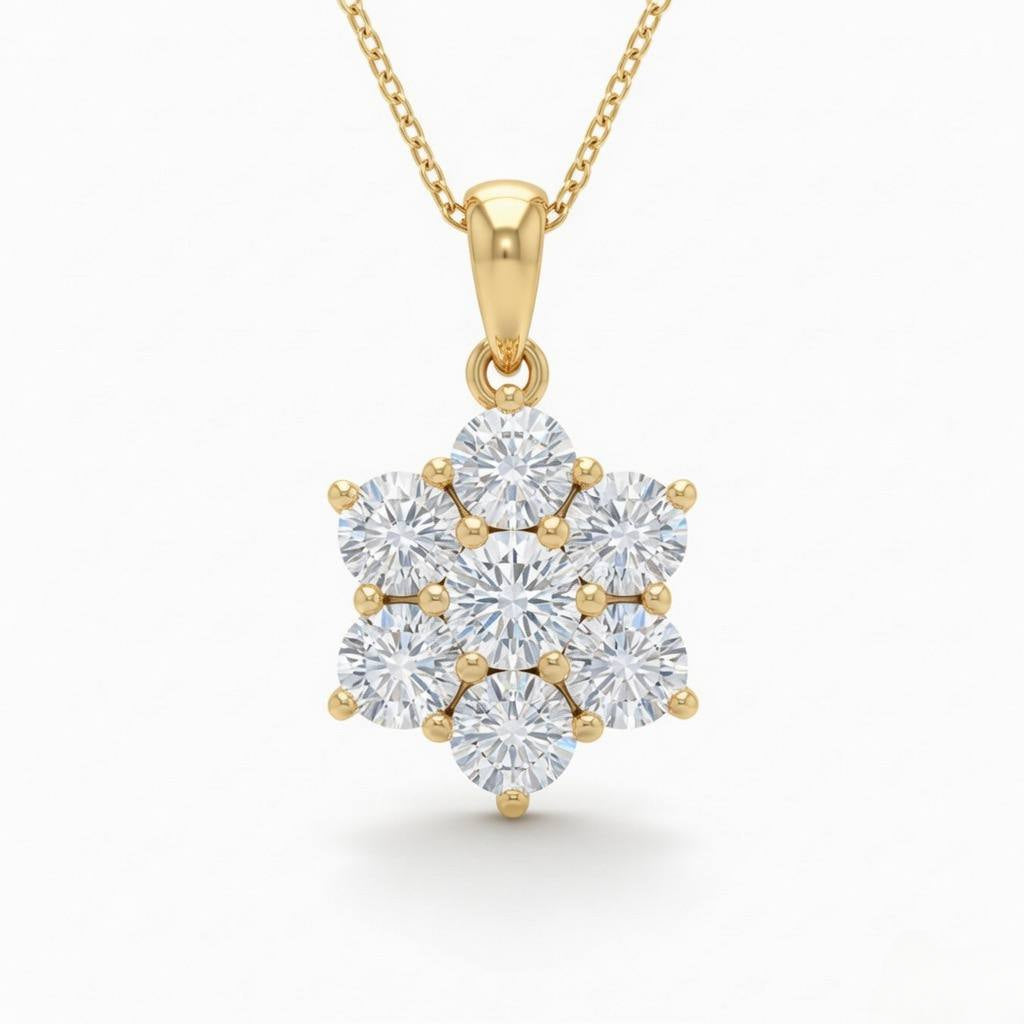 Yellow Gold Round Brilliant Nova Diamond Cluster Pendant Necklace With Prong Setting