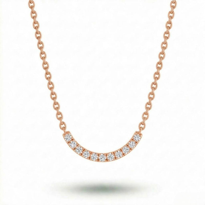 Rose Gold Round Brilliant Zenith Diamond Curved Bar Necklace With Pavé Setting