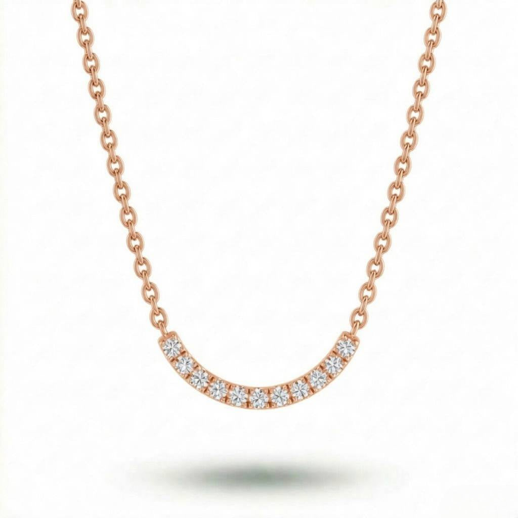 Rose Gold Round Brilliant Zenith Diamond Curved Bar Necklace With Pavé Setting