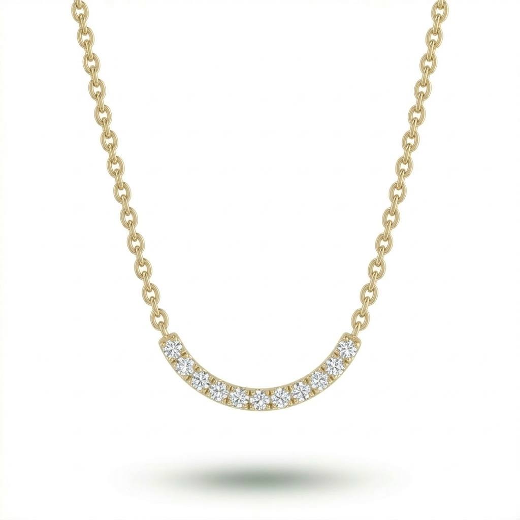 Yellow Gold Round Brilliant Zenith Diamond Curved Bar Necklace With Pavé Setting