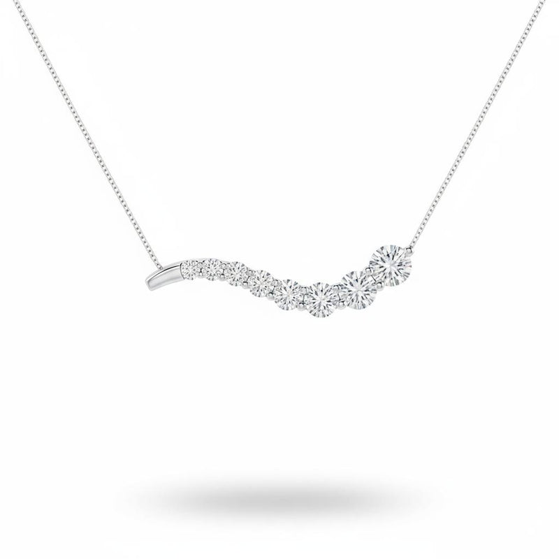 White Gold Round Brilliant Vivid Graduated Diamond Curved Bar Necklace With Prong Setting