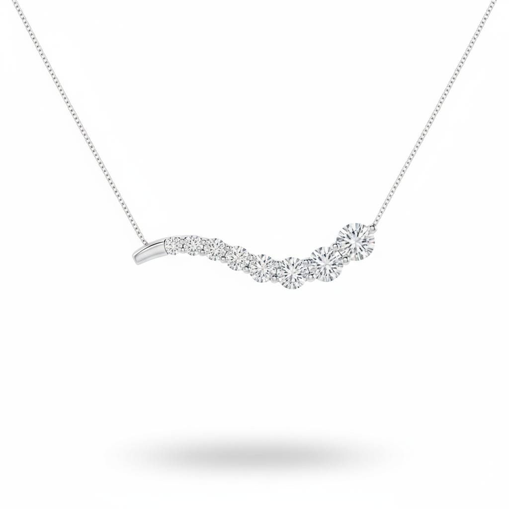 Silver Round Brilliant Vivid Graduated Diamond Curved Bar Necklace With Prong Setting