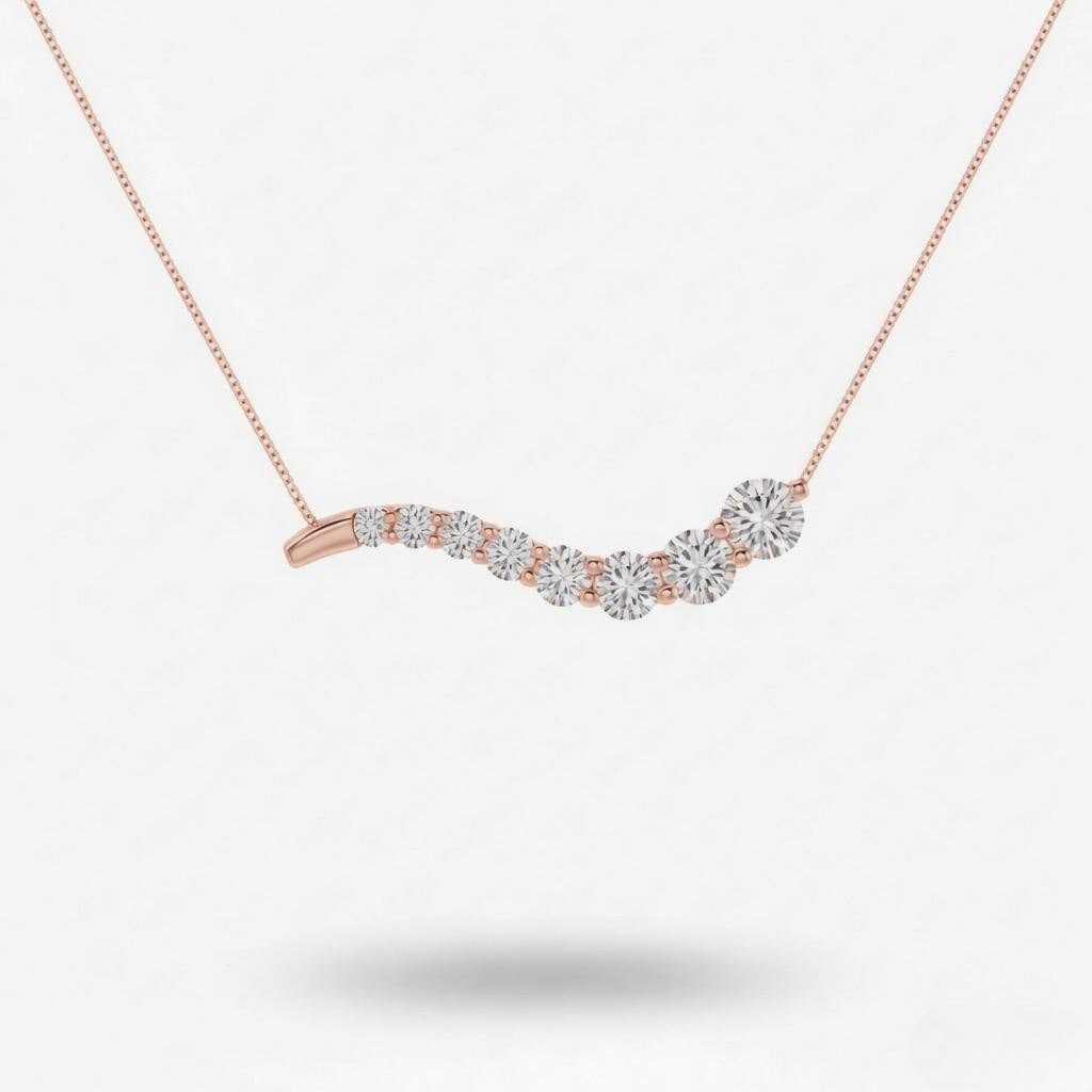 Rose Gold Round Brilliant Vivid Graduated Diamond Curved Bar Necklace With Prong Setting