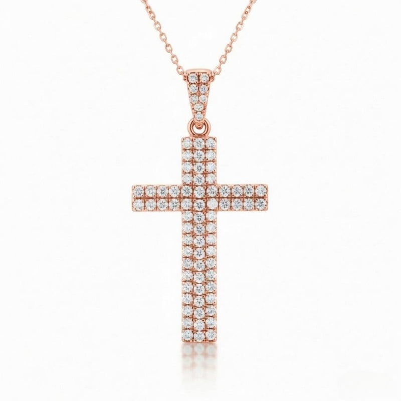 Rose Gold Round Brilliant Vertex Diamond Cross Pendant Necklace With Pavé Setting