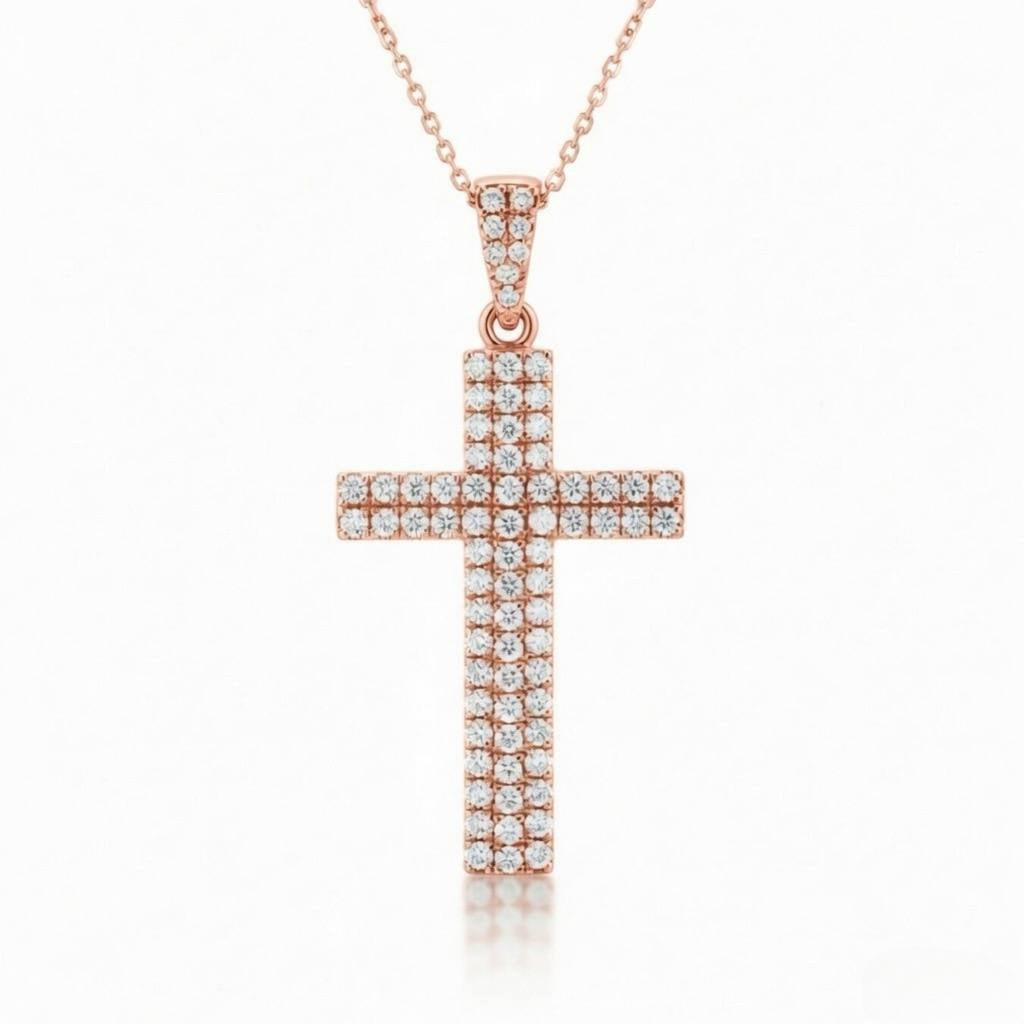 Rose Gold Round Brilliant Vertex Diamond Cross Pendant Necklace With Pavé Setting