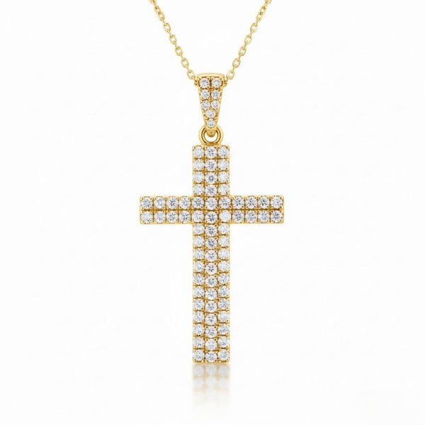 Yellow Gold Round Brilliant Vertex Diamond Cross Pendant Necklace With Pavé Setting