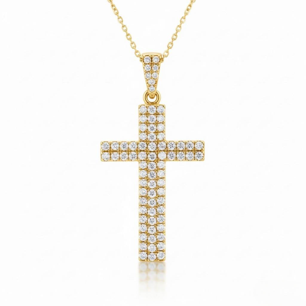 Yellow Gold Round Brilliant Vertex Diamond Cross Pendant Necklace With Pavé Setting