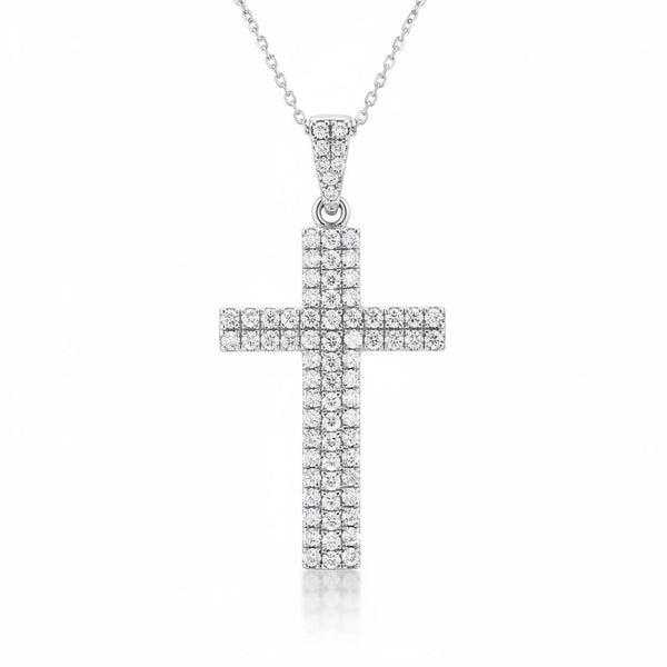 Silver Round Brilliant Vertex Diamond Cross Pendant Necklace With Pavé Setting