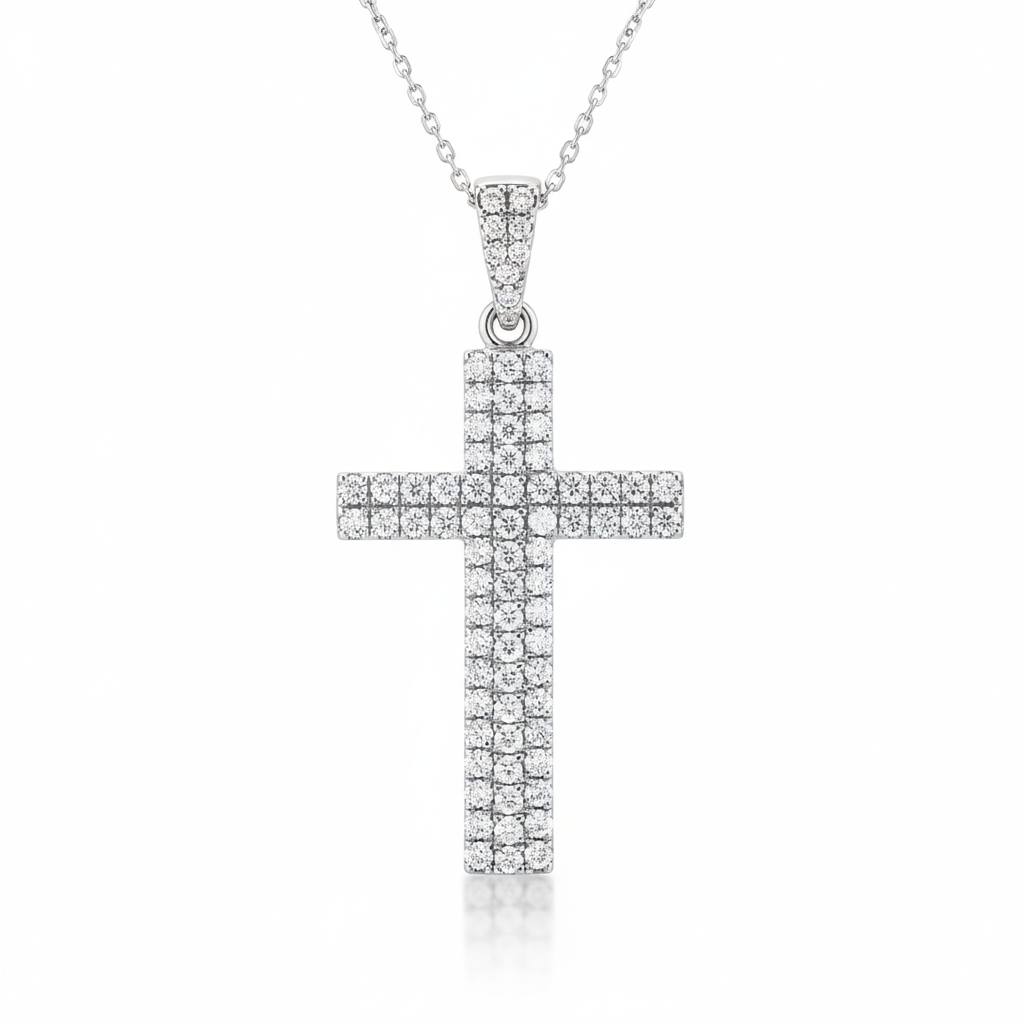 Silver Round Brilliant Vertex Diamond Cross Pendant Necklace With Pavé Setting