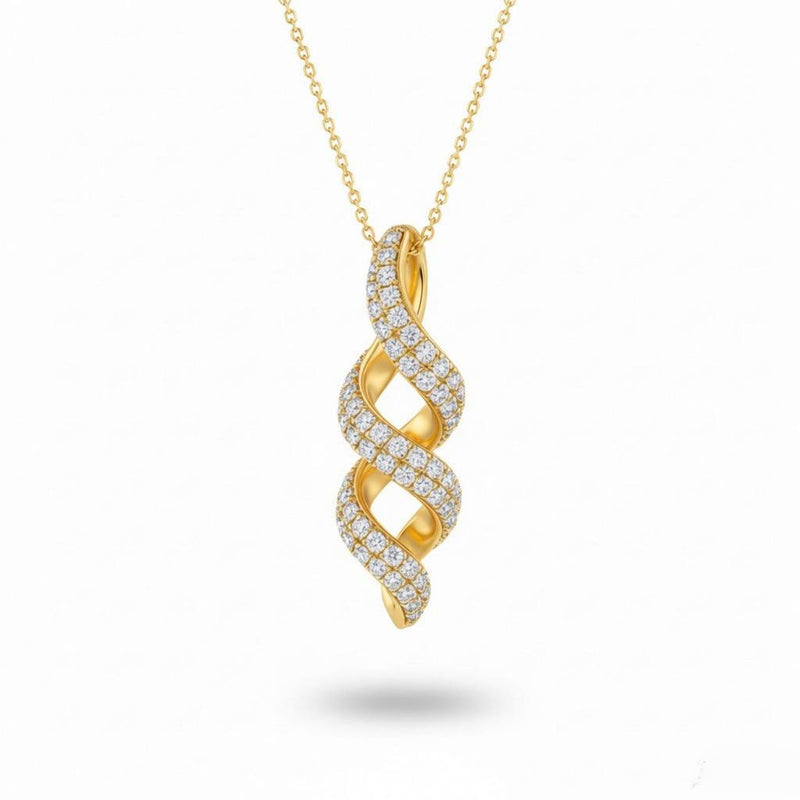 Yellow Gold Round Brilliant Eclipse Diamond Twisted Pendant Necklace With Pavé Setting