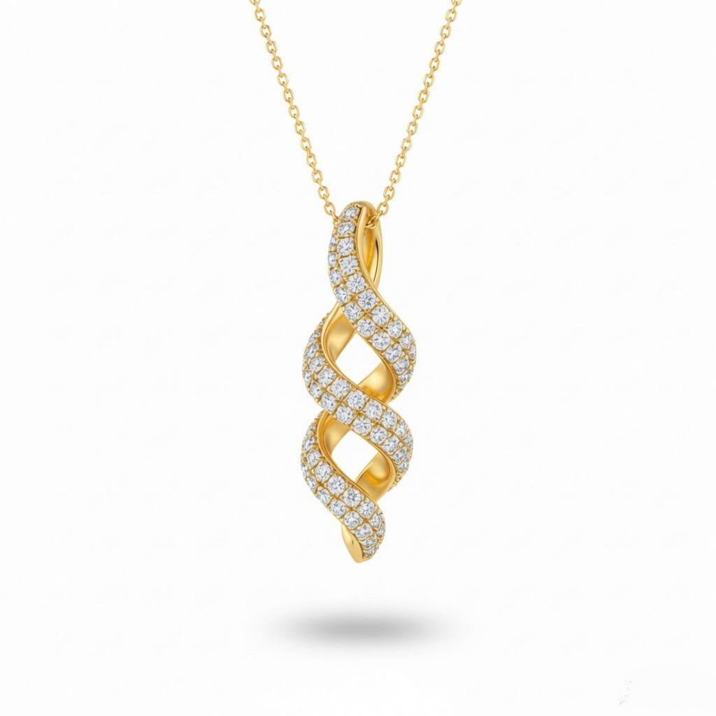 Yellow Gold Round Brilliant Eclipse Diamond Twisted Pendant Necklace With Pavé Setting