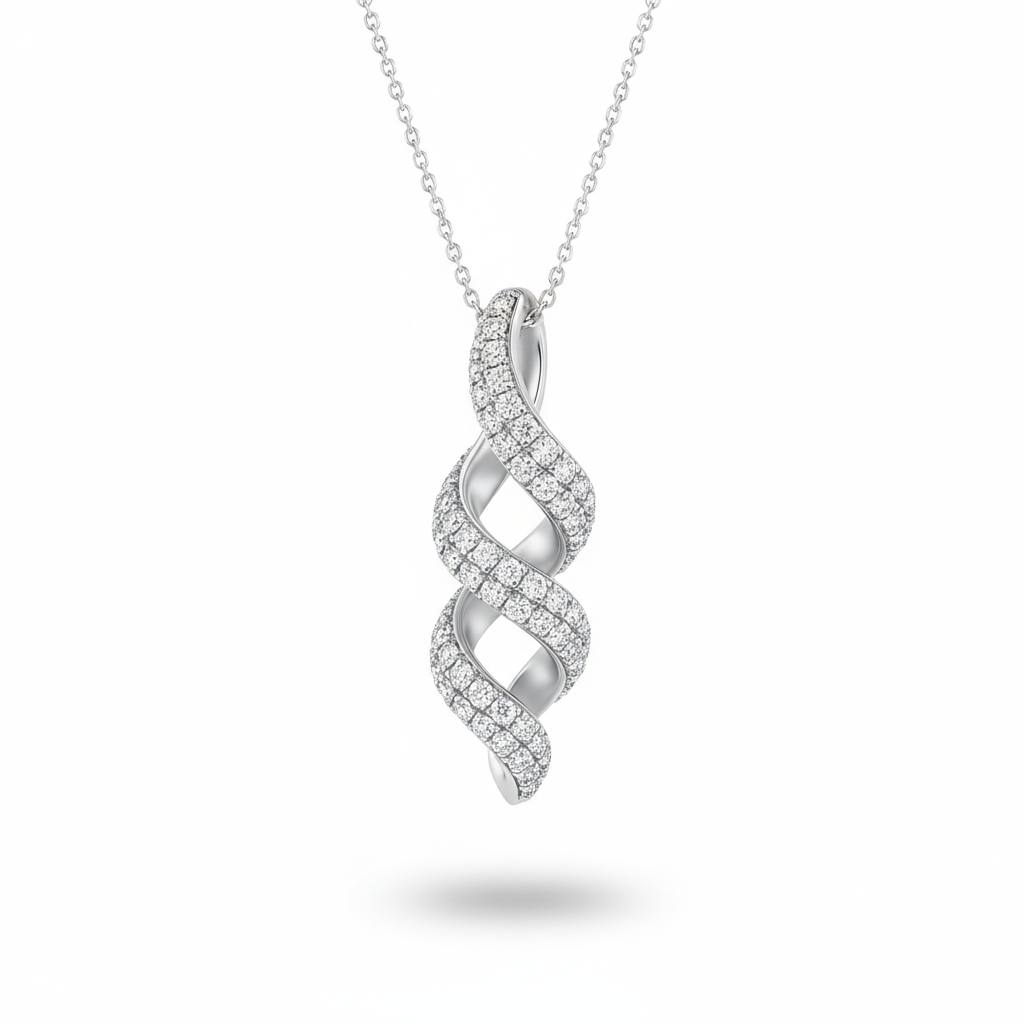 White Gold Round Brilliant Eclipse Diamond Twisted Pendant Necklace With Pavé Setting