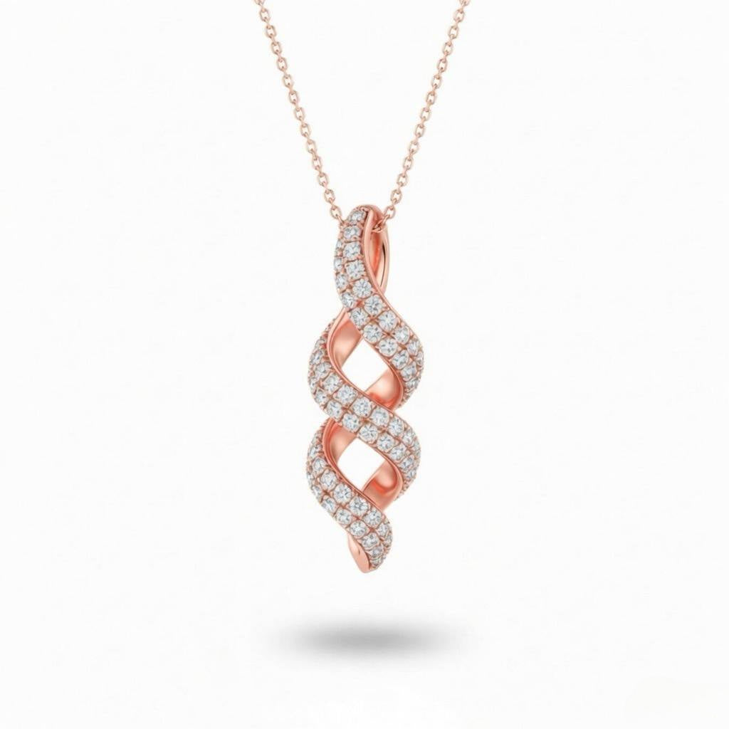 Rose Gold Round Brilliant Eclipse Diamond Twisted Pendant Necklace With Pavé Setting