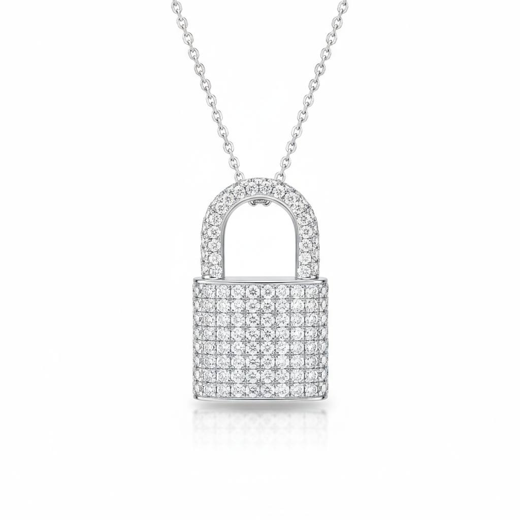 White Gold Round Brilliant Empire Diamond Padlock Pendant Necklace With Pavé Setting