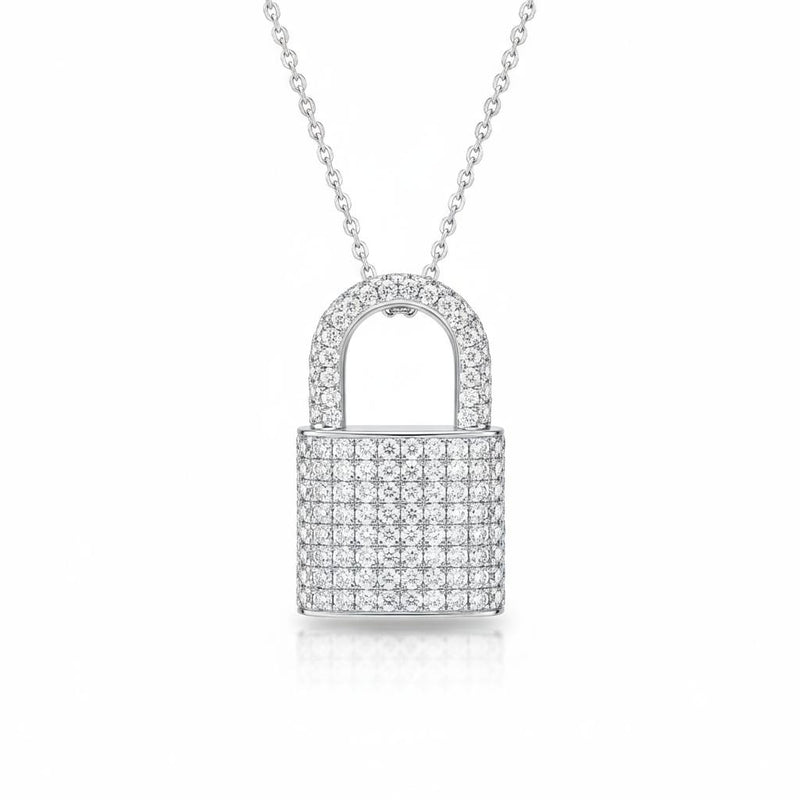 Silver Round Brilliant Empire Diamond Padlock Pendant Necklace With Pavé Setting
