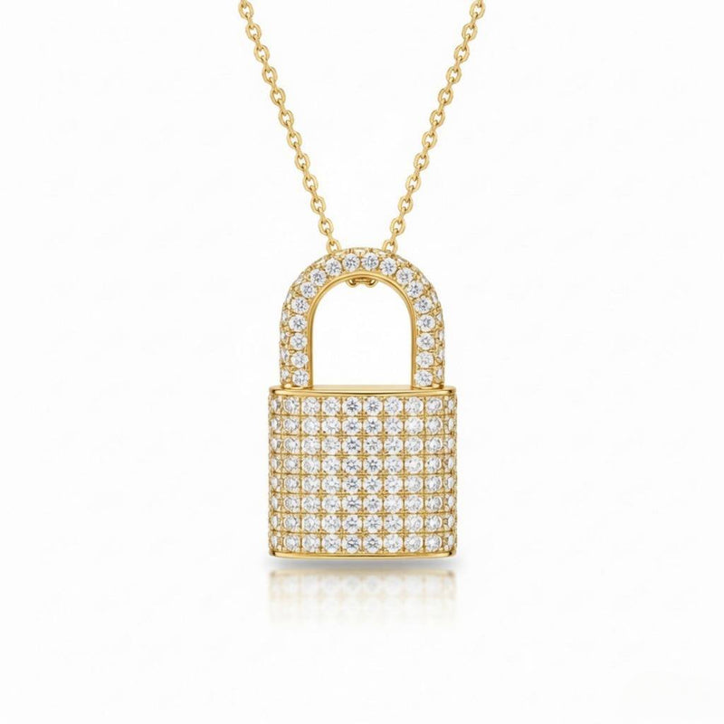 Yellow Gold Round Brilliant Empire Diamond Padlock Pendant Necklace With Pavé Setting