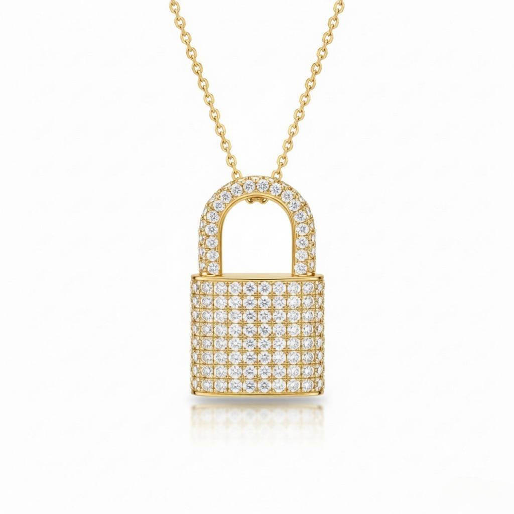 Yellow Gold Round Brilliant Empire Diamond Padlock Pendant Necklace With Pavé Setting