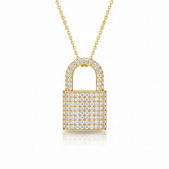 Yellow Gold Round Brilliant Empire Diamond Padlock Pendant Necklace With Pavé Setting