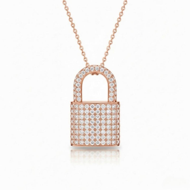 Rose Gold Round Brilliant Empire Diamond Padlock Pendant Necklace With Pavé Setting