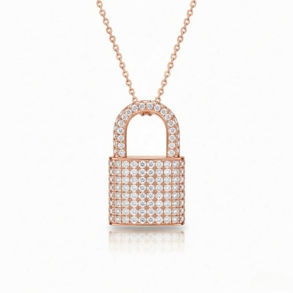 Rose Gold Round Brilliant Empire Diamond Padlock Pendant Necklace With Pavé Setting