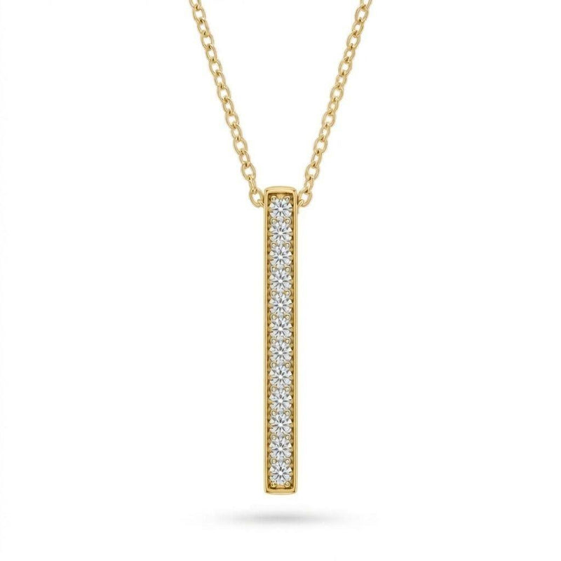 Yellow Gold Round Brilliant Orion Diamond Vertical Bar Pendant Necklace With Prong Setting