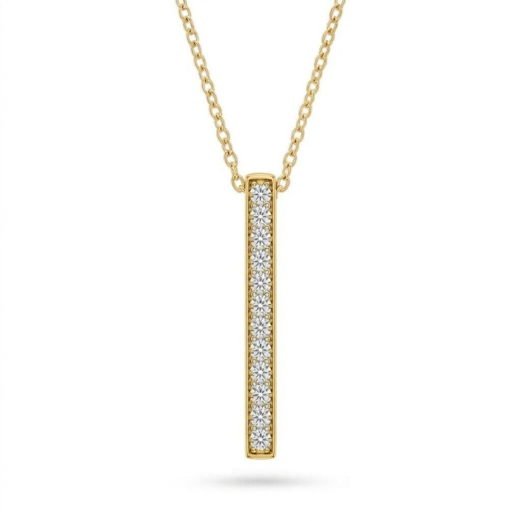 Yellow Gold Round Brilliant Orion Diamond Vertical Bar Pendant Necklace With Prong Setting