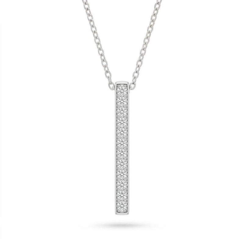 Silver Round Brilliant Orion Diamond Vertical Bar Pendant Necklace With Prong Setting