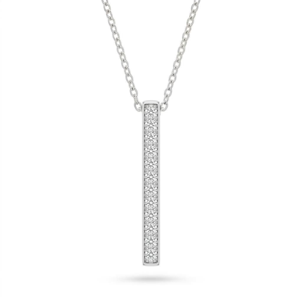 Silver Round Brilliant Orion Diamond Vertical Bar Pendant Necklace With Prong Setting