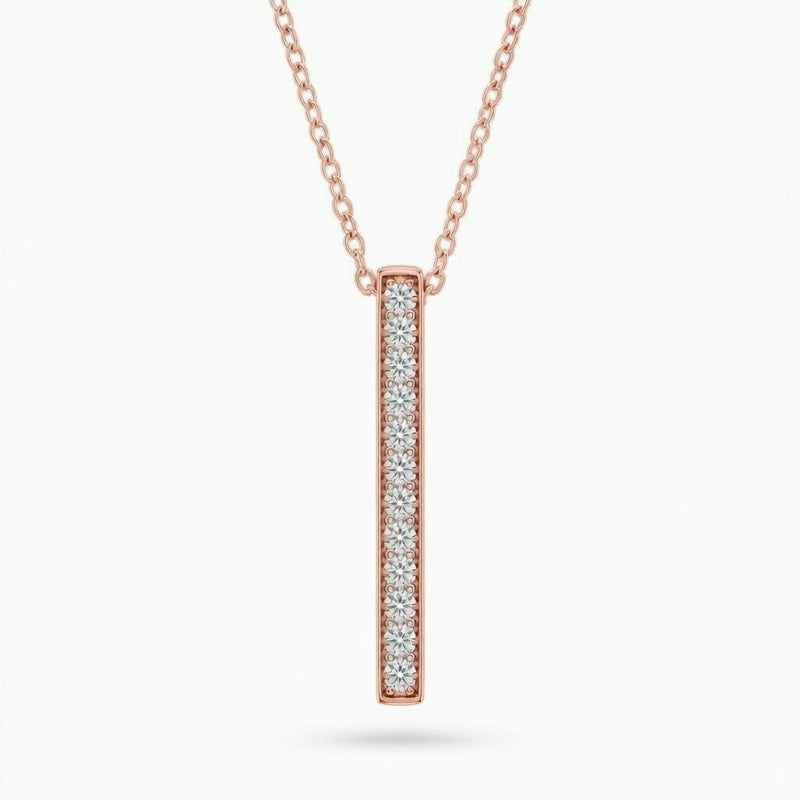 Rose Gold Round Brilliant Orion Diamond Vertical Bar Pendant Necklace With Prong Setting