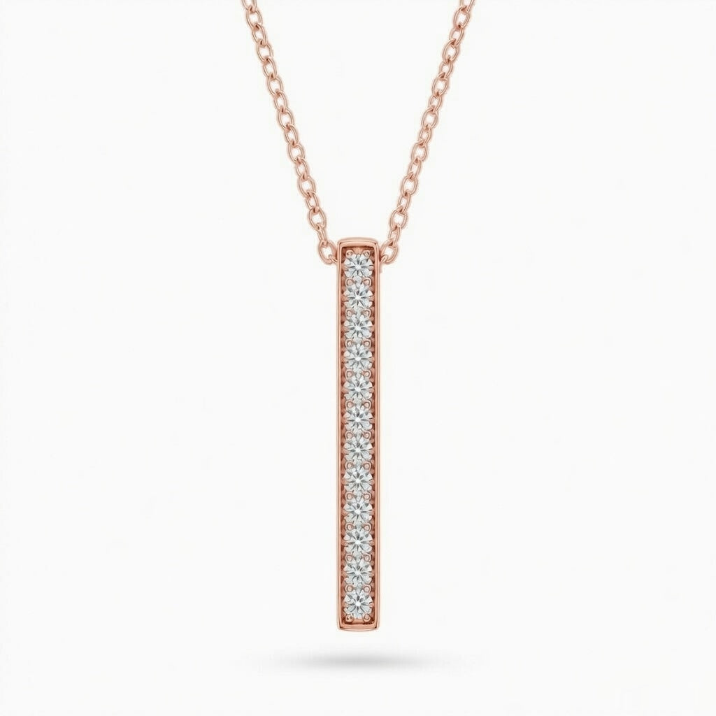 Rose Gold Round Brilliant Orion Diamond Vertical Bar Pendant Necklace With Prong Setting