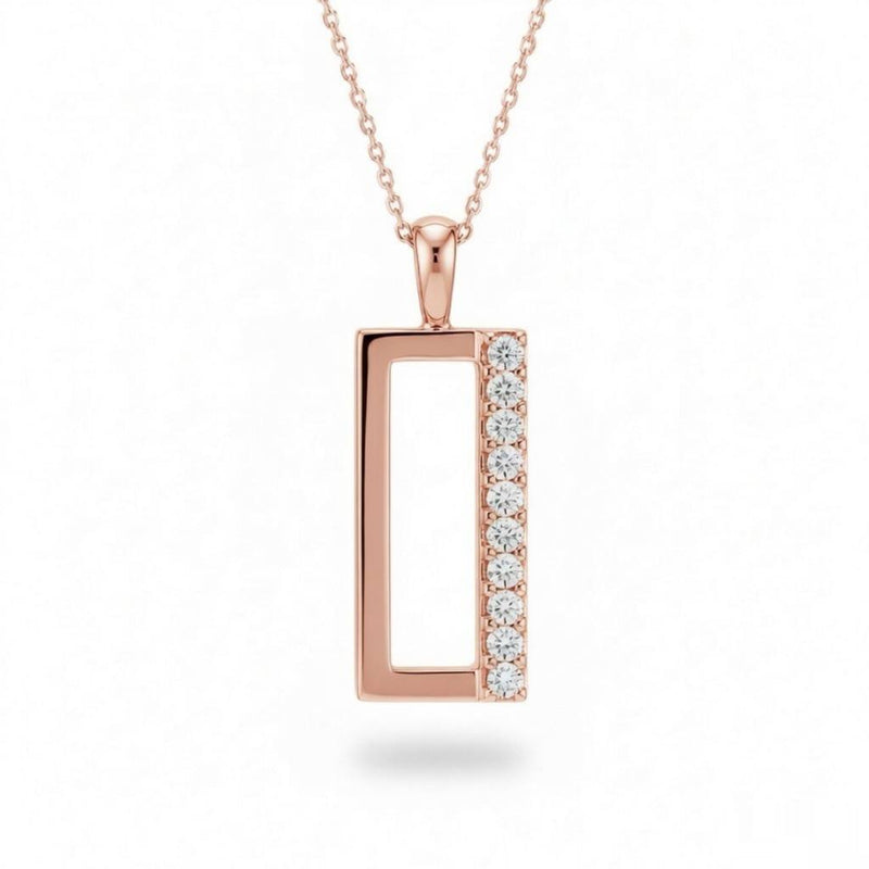 Rose Gold Round Brilliant Novaire Diamond Rectangular Frame Pendant Necklace With Side Prong Setting